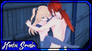 Fischl titty fucks Dulic, gets fucked against a wall – Genshin Impact Hentai.