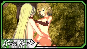 Ryuu Lion and Aiz Wallenstein have lesbian sex and strapon fuck in the garden – Danmachi Hentai.